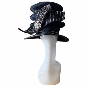 Donna Vinci Navy Blue Three Tier Hat with Blue Beads and Rhinestones